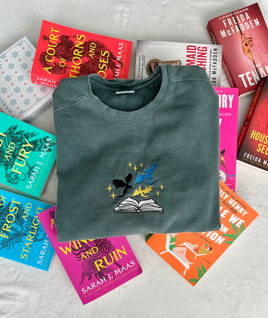 Bookish Dragon Embroidered Comfort Colors Crewneck