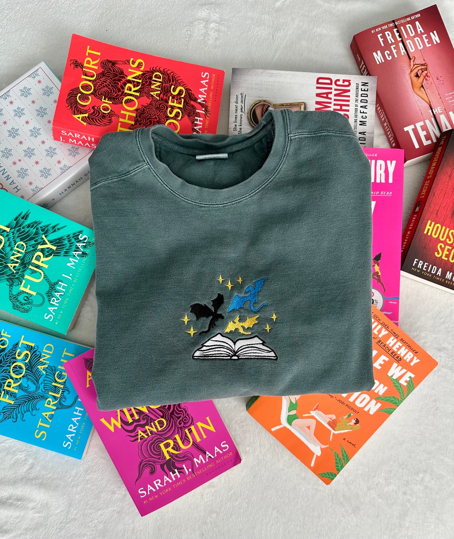 Bookish Dragon Embroidered Comfort Colors Crewneck